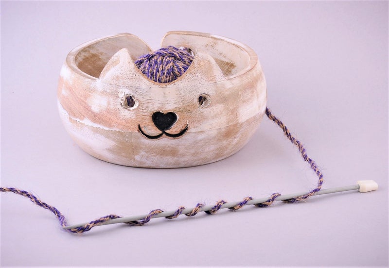 Eximious India Gifts for Women Wooden Yarn Bowl Knitting Bowl Large Crochet Yarn Holder Handmade Crocheting Accessories and Supplies Organizer 7 x 3 CATGRAY - Image 2